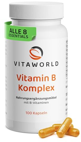 Vitamin B Komplex – Vitamin B Komplex hochdosiert inkl. Vitamin B12 (100 vegane Kapseln) – mit den 8 essenziellen B-Vitaminen - B Komplex für Nerven, Energie & Stoffwechsel – ohne Zusätze – vitaworld