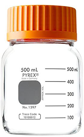 Corning Pyrex Borosilicate Glass Cylindrical Wide Mouth Media Storage Bottle with GLS80 Screw Cap, 500ml Capacity (Case of 10)