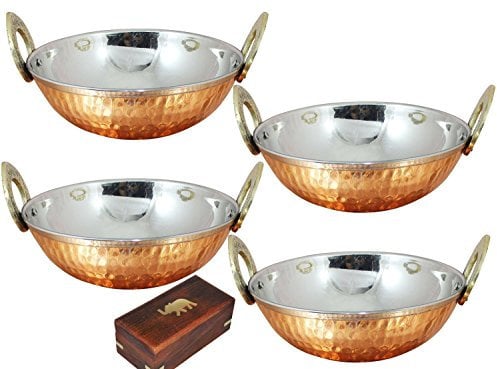 Rastogi Handicrafts Heat Insulated Double Wall Karahi Copper Stainless Steel Serving Bowl (0.35 Litre, Pack of 4)
