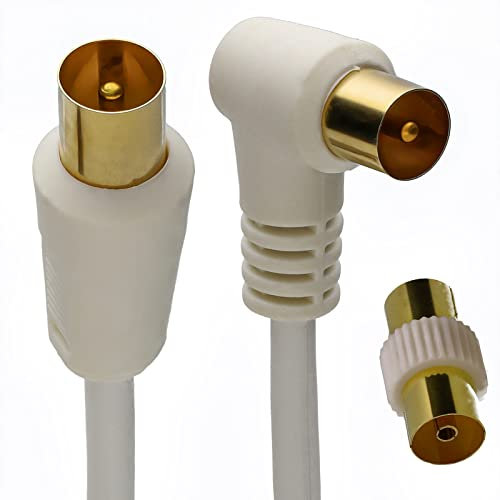 kenable RF Right Angle TV Aerial Freeview Plug Video Cable & Coupler Gold 1.5m White