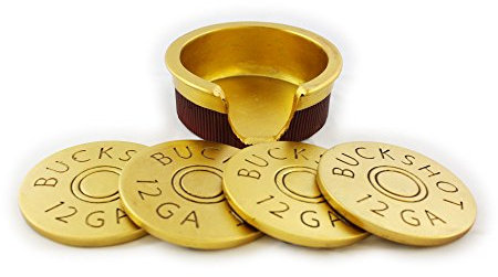 Pine Ridge 12 Gauge Shotgun Shell 5-teiliges Untersetzer-Set Halter Buckshot Getränkeuntersetzer mit Sockel für die Männerhöhle, Dekoration, Jagd, Kabine, Esszimmermöbel, Waffe, Geschenke für Männer