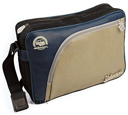 BRISA VW Collection - Große Unisex Umhänge-Tasche-Messenger-Bag mit Reifenprofil im T1 Bus Design (Vintage/Beige & Blau)