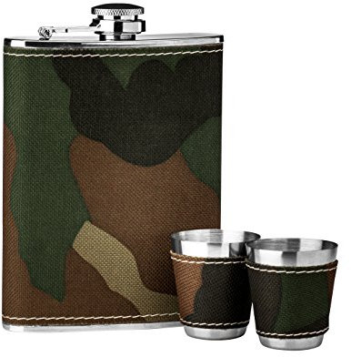 Premium Housewares 6 Oz Hip Flask Set Camouflage Design Pocket / Alcohol Flask For Men Stainless Steel Mini Whisky Flasks With Shot Glasses / Small Cups 13 x 13 x 2.01, Green