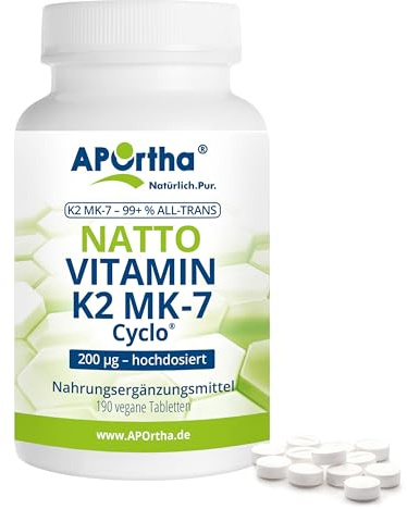 APOrtha Vitamin K2 MK7 200 µg 99+% ALL-Trans, 190 Tabletten hochdosiert vegan, Hochwertiges Natto K2 Vitamin leicht zu schlucken Nahrungsergänzung Vit K2, Vitamin K 2 Alternative zu K2 Tropfen Kapseln
