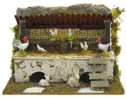 ROSSI ROSA Stall mit Hühnern und Kaninchen, 20x14x12cm, Rosa, Bauernhof-Szenario, Figurine