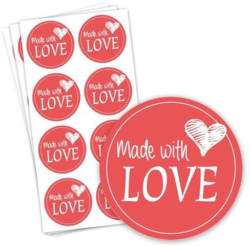 48 Aufkleber Made with love rot I Mit Liebe selbst gemacht I Ø 4 cm I Marmeladen-Sticker Geschenk-Aufkleber Geschenk-Tüten Plätzchen-Tüten I dv591