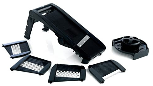 MASTRAD – Mandoline Multilames – 3 Râpes et 5 Lames Acier Inoxydable – Facile D’utilisation – Confort & Sécurité – 1 Poussoir – Coloris Noir