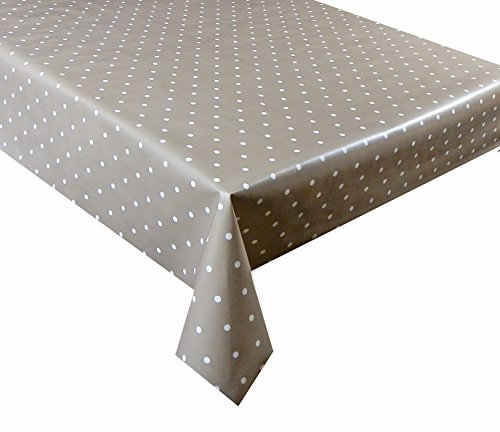 LINEN702 2 metres (200 x 137 cm) Vinyl Tablecloth, 6 Seater Size, Beige Polka Dot, Wipe Clean Textile Backed Vinyl Table Cloth (72)