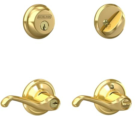 Schlage Deadbolt & Door Handle Set, Flair Lever, Bright Brass