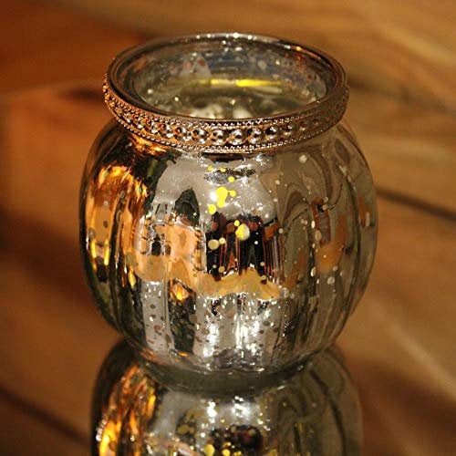 Antique Mercury Effect Ribbed Candle Pot Tealight Holder (Silver, 8x7 cm)