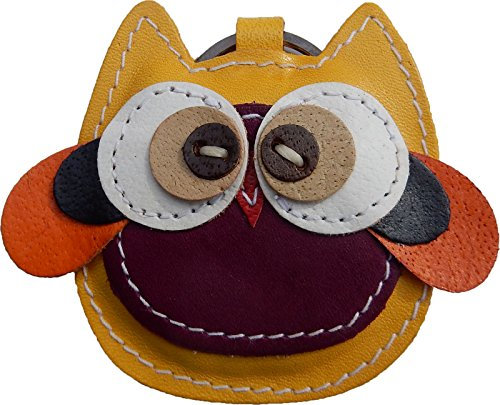 Ariyas Thaishop Anhänger, Schlüsselanhänger mit lustiger Eule aus echtem Leder; rot/gelb; ca. 6 x 6 cm