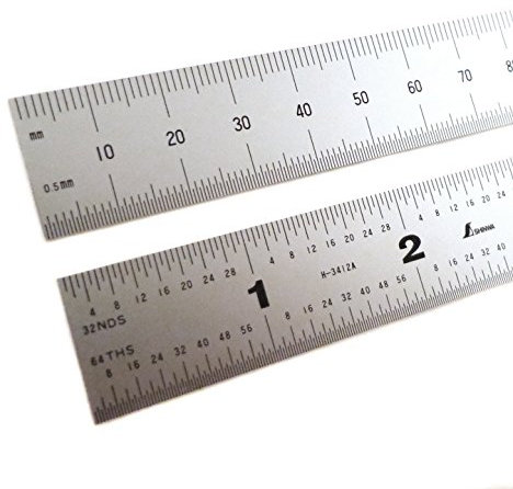 Shinwa 12 300 mm English Metric Rigid (1.250 wide x .040 thick) Zero Glare Satin Chrome Stainless Steel E/M Machinist Engineer Ruler Rule with Graduations in 1/64, 1/32, and .5mm Model H-3412C by