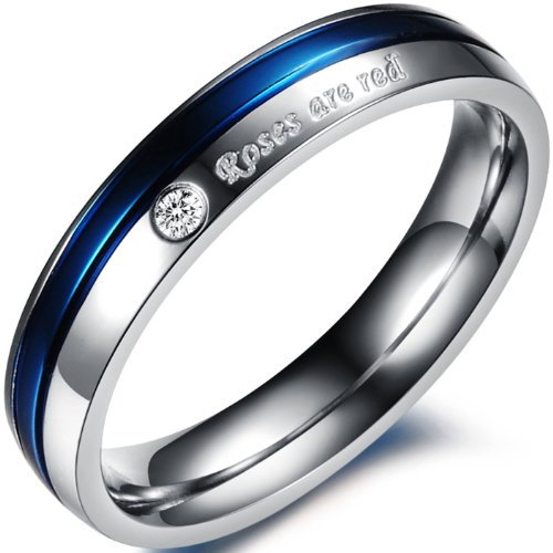 JewelryWe Schmuck 4mm Breite Edelstahl Damen-Ring, mit Roses Are red Gravur, Partnerringe Hochzeit Band Blau/Silber Größe 54