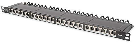 DIGITUS Patchpanel - 19-Zoll - Cat-6A - 24-Port RJ45 - Geschirmt - LSA Patch-Feld - Rack-Montage 0.5HE - Schwarz