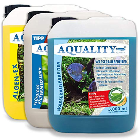 AQUALITY Aquarium 3er Starter- & Pflege-Sparset (Algenvernichter, Wasseraufbereiter, Filtermedium - Perfekter Start mit Allen wichtigen Produkten), Set-Größe:Set 5000