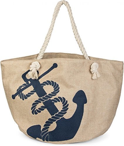 styleBREAKER XXL Strandtasche mit Anker Print | maritimer Look in Flechtoptik | Shopper Badetasche 57 x 33 x 32 cm, Farbe:Beige-Blau