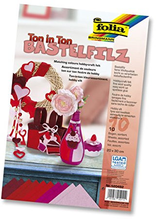 folia 520492 - Bastelfilz Ton in Ton, 20 x 30 cm, 10 Blatt sortiert in Rottönen - ideal für vielfältige Bastelarbeiten