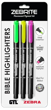 G.T. Luscombe Company, Inc. Zebrite Double Ended Bible Highlighter Set | No Bleed Pigmented Ink | No Fading or Smearing | Double Ended for Highlighting & Underlining | Green, Yellow, Pink (Set of 3)