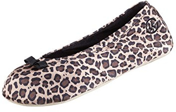 Isotoner Women's Satin Ballerina Slippers, Suede Sole, Cheetah Bow, 6/6.5 UK