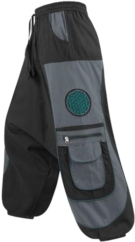 Kunst und Magie Flower of Life Hippie Haremshose Goahose Cargohose, Größe:S/M, Farbe:Schwarz/Grau