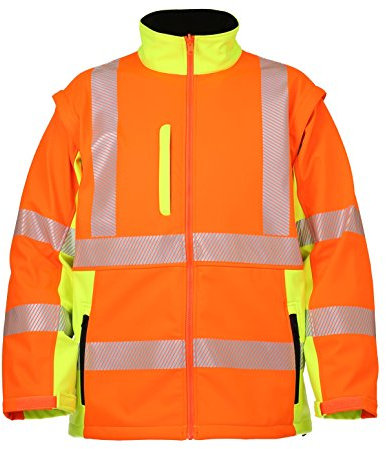 LeiKaTex Warnschutz-Softshelljacke mit Stehkragen und abnehmbaren Ärmeln (XXL, Orange/Neongelb) Funktionsmaterial, Taschen, Reflexstreifen, Kinnschutz, Winter Arbeitsjacke Warnschutzjacke EN 20471