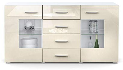 Vladon Sideboard Kommode Grömitz V1, Made in Germany, Korpus in Weiß matt/Front in Creme Hochglanz (139 x 72 x 35)