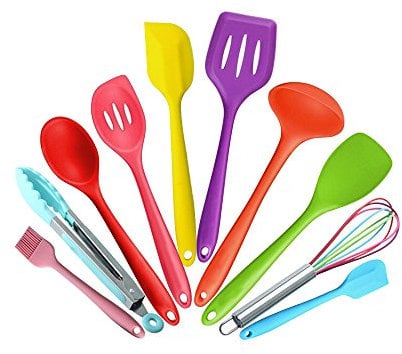 rayinblue 10 Piece Silicone Kitchen Utensils Set, Heat Resistant Multicolor Kitchen Cooking Set Including Brush, Tongs, Spoon, Slotted Spoon, Large Spatula, Slotted Turner, ladle, Baking Spoonula