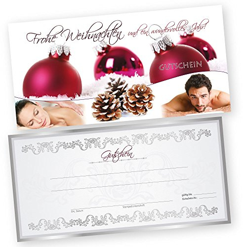 50 Weihnachtsgutscheine Gutscheinkarten XMAS RED MASSAGE mit weißtransparenten Umschlägen für Kosmetikstudio Gutscheine Geschenkgutscheine