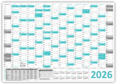 XL Wandkalender/Wandplaner 2026 türkis (gerollt) DIN A1 Format (594 x 841 mm) 14 Monate, komplette Jahresvorschau Folgejahr und Ferientermine Feiertage aller Bundesländer
