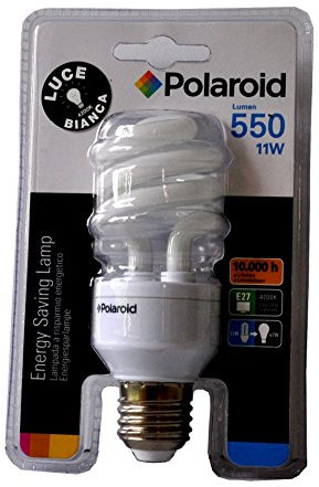 LAMPADINA POLAROID SPIRALE TORCIGLIONE BASSO CONSUMO RISPARMIO ENERGETICO ESL 11W E27 ATTACCO GRANDE 4200K LUCE BIANCA FREDDA 10000 ORE