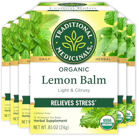 Traditional Medicinals - Organic Lemon Balm Herbal Tea (6 Pack) - Stress Relief & Supports Digestion - 96 Tea Bags Total