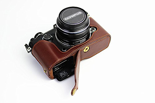 Bodenöffnung Version Schutz Original Echtes Leder Halb Kamera-Kasten-Beutel-Abdeckung mit Stativ-Design für Olympus Pen-F-Kamera mit Original Echtes Leder Handschlaufe Dunkelbraun