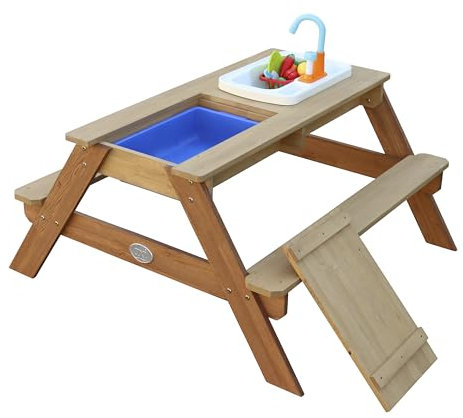 AXI Emily Kinder Sand & Wasser Picknicktisch aus Holz | Wasserspieltisch & Sandtisch mit Deckel, Behältern & Spüle | Kindertisch/Matschtisch in Braun für den Garten..