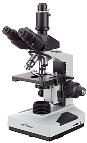 AmScope T490A-LED Compound Trinocular Microscope, WF10x and WF16x Eyepieces, 40X-1600X Magnification, Brightfield, LED Illumination, Abbe Condenser, Double-Layer Mechanical Stage, Sliding Head, High-Resolution Optics