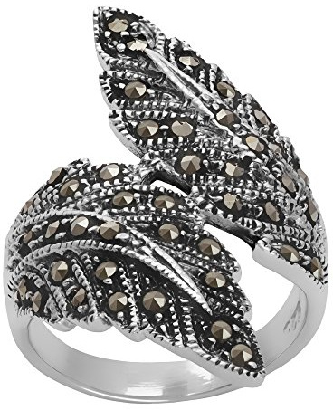 Silverly Markasit-Feder-Wickelring in 925 Silber im Vintage-Stil der 1920er Jahre | Breiter Überlappender Blattring aus Sterlingsilber für Damen | von der Natur Inspirierter Jugendstilschmuck