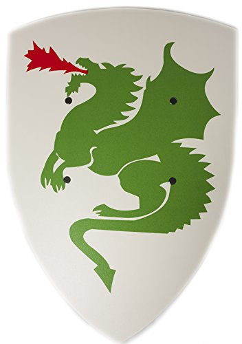 VAH - Stabiles, gebogenes Ritter Schild mit Drachen Motiv aus Pappelholz - großes Modell: 36/50cm - Farbe: weiß [Unbedenkliche Farben | 2 genietete Halteriemen aus Kunstleder | Made in Germany]