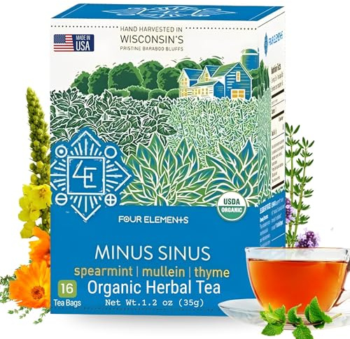 Four Elements Minus Sinus Tea 16 Bags (1.2Oz), Spearmint, Caffeine Free