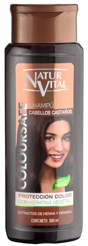 NaturVital - Champú Color ColourSafe Cabellos Castaños, Sin Parabenos ni Siliconas, para Pelo Teñido o Natural, con Keratina Vegetal, Aporta Brillo y Protege el Color, 300 ml