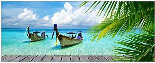 Wallario Wandbild aus Acryl, 50 x 125 cm, freischwebende Optik - Sonnenboot in der Karibik