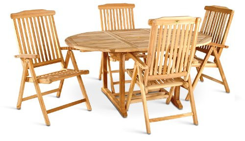 SAM 5tlg. Teak-Holz Gartengruppe Borneo, Garten-Möbel, 1 x Ausziehtisch ca. 120-170 cm x 120 cm + 4 x Hochlehner
