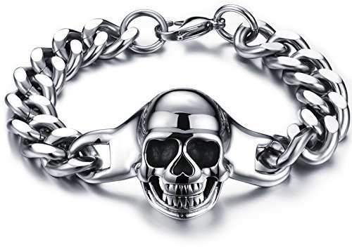 JewelryWe Schmuck Herren Armband, Punk Rock Poliert Totenkopf Schädel Panzerarmband, Edelstahl, Schwarz Silber