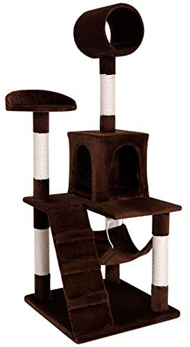 lionto Arbre à Chat avec hamac et Tunnel, Hauteur 133 cm, Arbre avec Corde en sisal et Peluche Douce, Surfaces de Repos et niches Confortables, pour Petits et Grands Chats, Marron