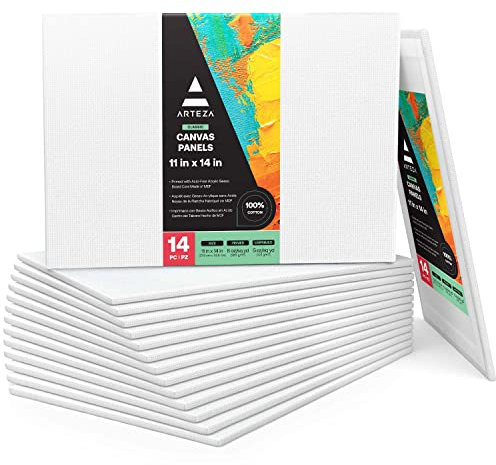 ARTEZA Canvas Boards for Painting, 11 x 14 Inches, Pack of 14, Blank White Canvas Panels for Acrylic, Oil, Gouache & Tempera Painting