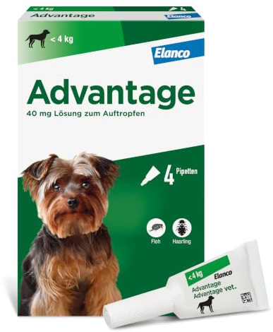 Advantage Spot On für Hunde 40 mg (bis 4 kg), gegen Flöhe, 4 Pipetten | Schnelle Hilfe bei Flöhen: Wirkt bei Kontakt ohne Stich. Schützt deinen Hund & dein Zuhause. Einfache Anwendung im Nacken.