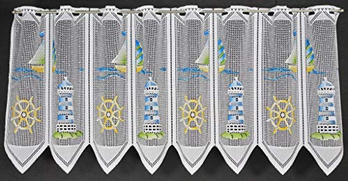 frankgardinen Scheibengardine Leuchtturm 45 cm hoch Blau Grün Gelb - Wunschbreite frei wählbar durch gekaufte Menge in 28,5 cm Schritten - Meterware