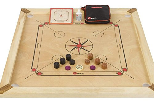 Carromspiel, Karrom Brett, Carrom in den Offiziellen Maßen - India Made - Hartholz Kikar - Komplett mit Steinen und Pulver - in Tasche