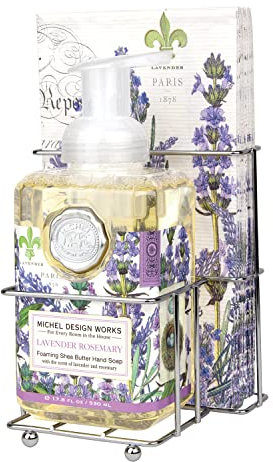 Michel Design Works Schäumende Handseife, 504 ml, Lavendel-Rosmarin-Duft und Design, Sheabutter und Aloe Vera Mischung, schöner quadratischer Behälter mit Pumpe und Serviettenbehälter-Set