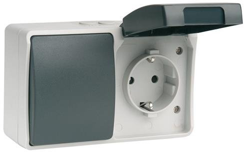 Simon brico estanca - Interruptor conmutador +base enchufe 250v serie estanca/o retráctil