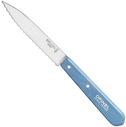 Opinel Erwachsene Küchenmesser No. 113, rostfreier Sandvik-Stahl, Sägezahnung, hellblauer Buchenholzgriff Kochmesser, Mehrfarbig, One Size