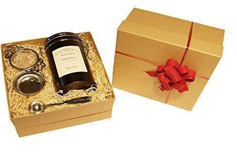 Earl Grey Tea Gift Set Black Loose Leaf Wrapped 100g in Caddy with Tea Strainer and Measuring Spoon by TeaCakes of Yorkshire